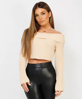 Beige Off Shoulder Long Sleeve Cropped Ribbed Sweater