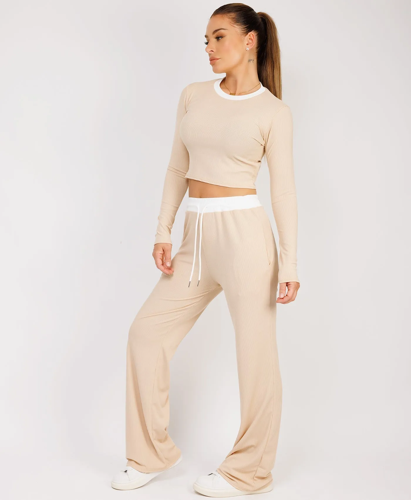 Beige Wide Leg Trousers and Long Sleeve Top Loungewear Set