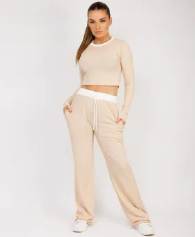 Beige Wide Leg Trousers and Long Sleeve Top Loungewear Set