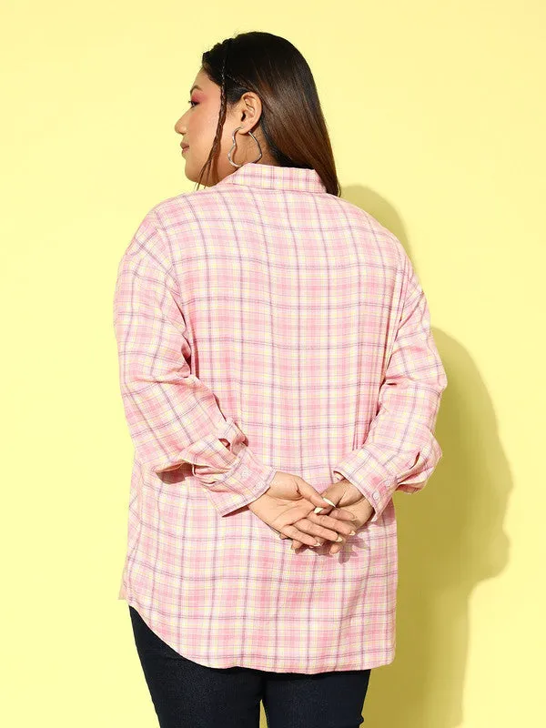 Berrylush Women Plus Size Pink Checked Pattern Spread Collar Neck Full Sleeve Straight Hem Longline Shirt