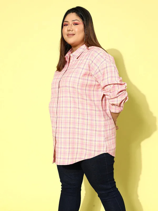 Berrylush Women Plus Size Pink Checked Pattern Spread Collar Neck Full Sleeve Straight Hem Longline Shirt