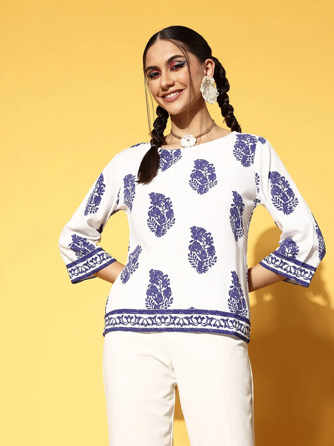 Berrylush Women White & Blue Paisley Printed Boat Neck Three-Quarter Sleeve Cotton Woven Regular Top