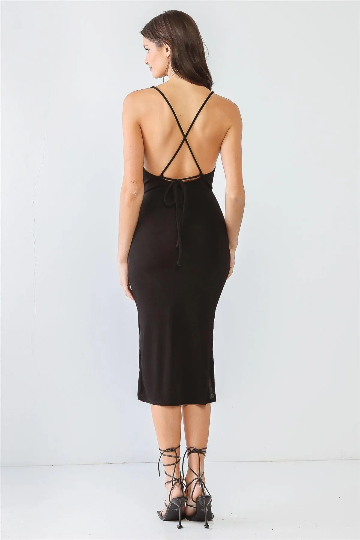 Black Cowl Neck Strappy Wrap Hem Midi Dress