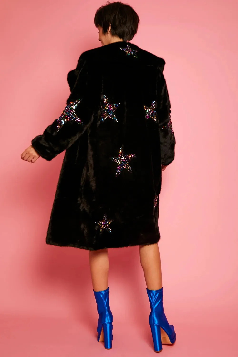 Black Eco Bamboo Faux Fur Sequin Star Coat