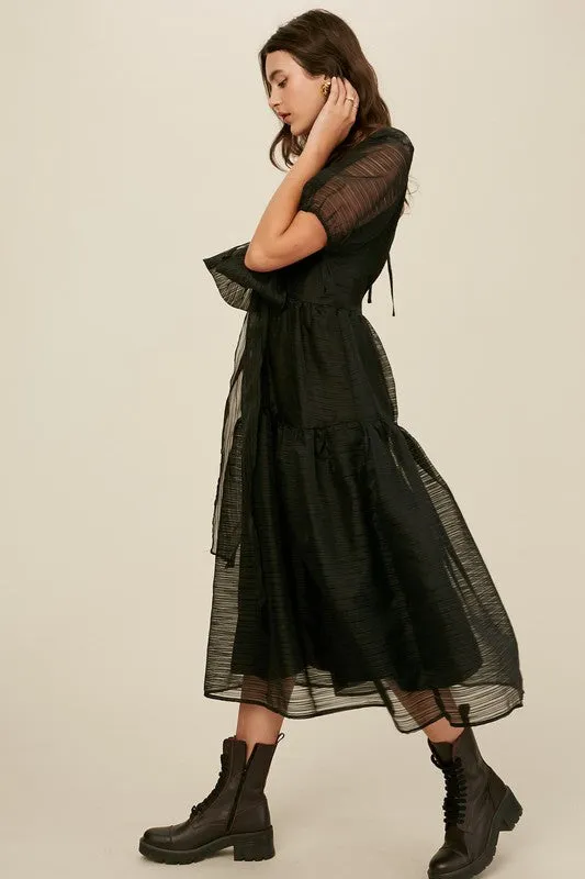 Black Front Wrap Gauze Semi Sheer Midi Dress