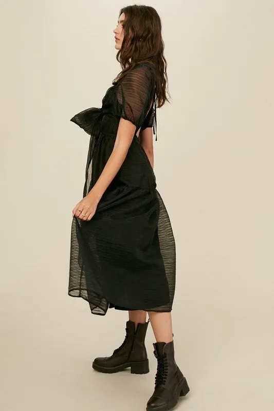 Black Front Wrap Gauze Semi Sheer Midi Dress