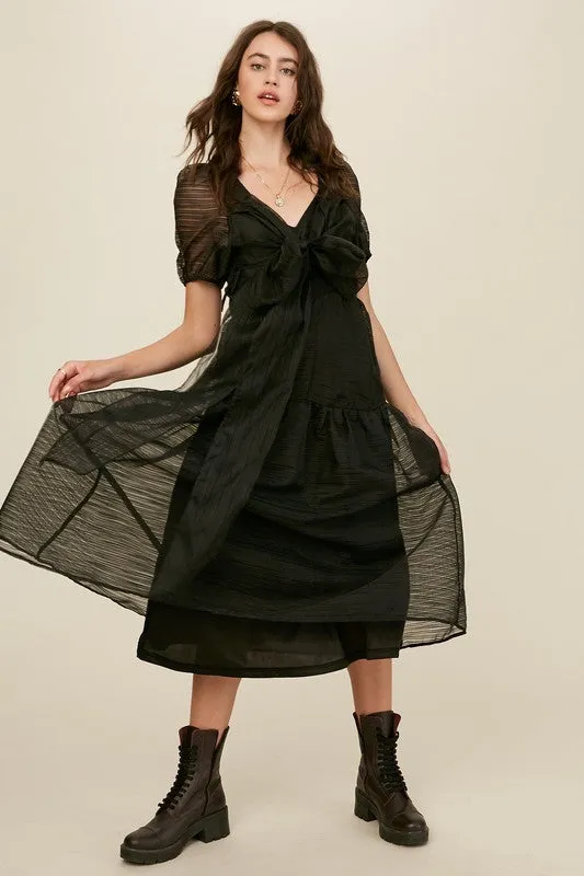 Black Front Wrap Gauze Semi Sheer Midi Dress