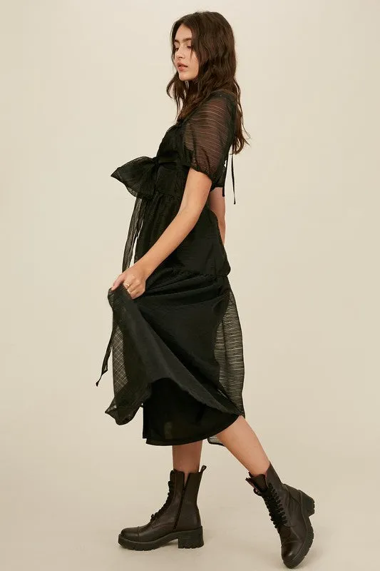 Black Front Wrap Gauze Semi Sheer Midi Dress