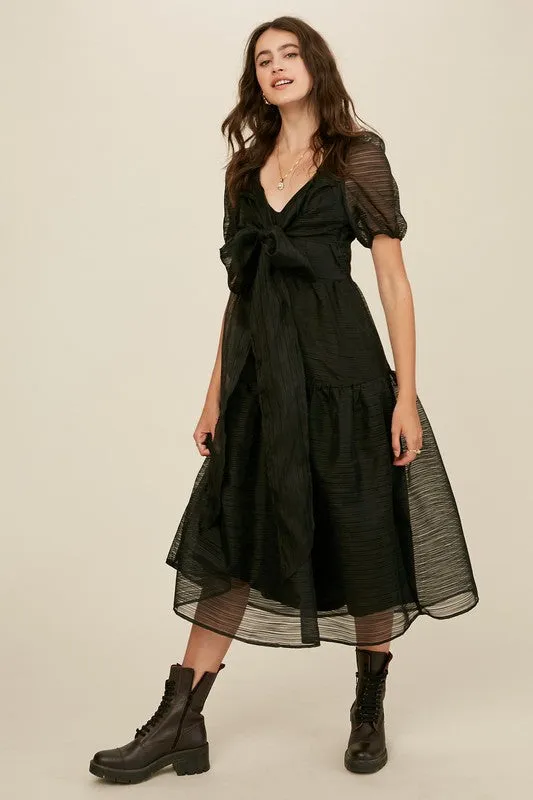 Black Front Wrap Gauze Semi Sheer Midi Dress