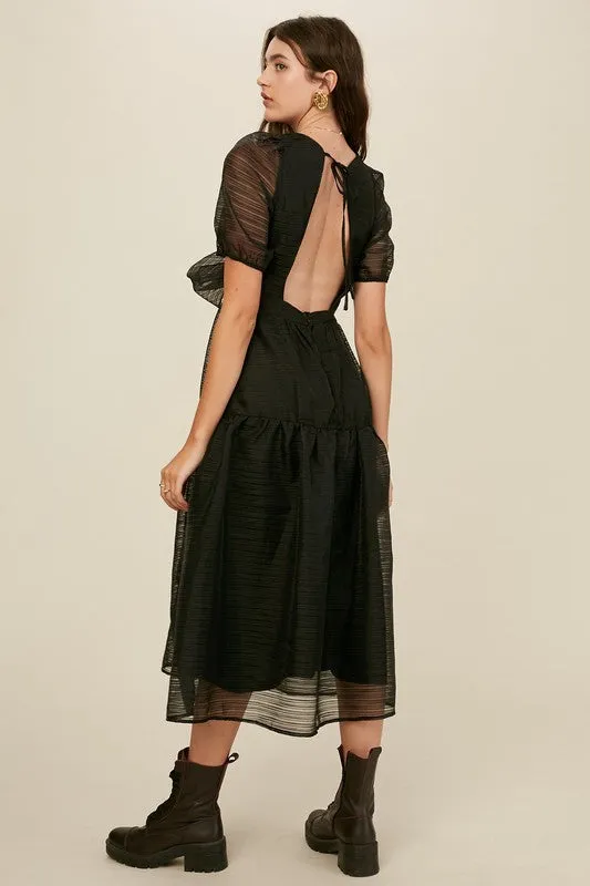 Black Front Wrap Gauze Semi Sheer Midi Dress