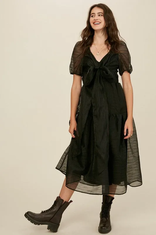 Black Front Wrap Gauze Semi Sheer Midi Dress