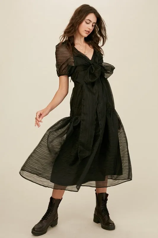 Black Front Wrap Gauze Semi Sheer Midi Dress