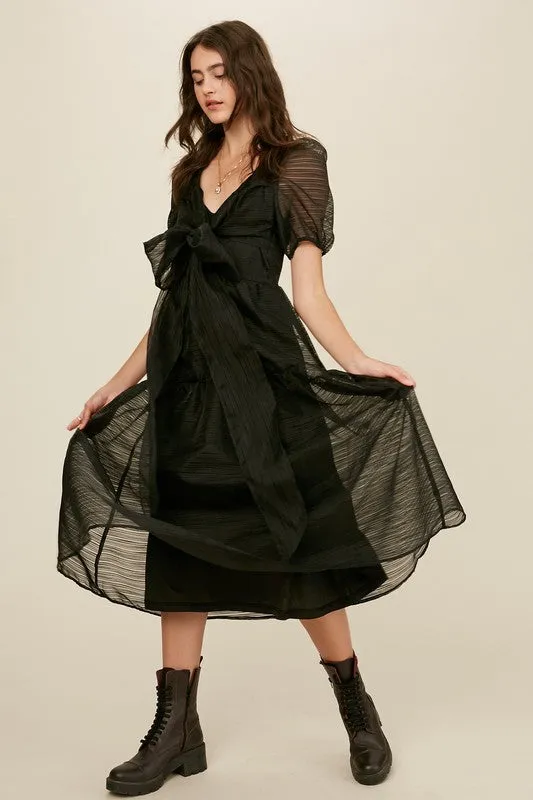 Black Front Wrap Gauze Semi Sheer Midi Dress