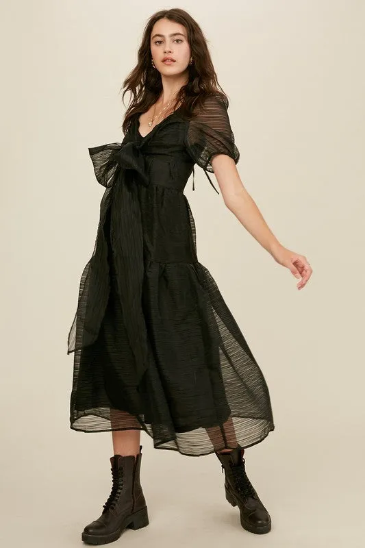 Black Front Wrap Gauze Semi Sheer Midi Dress