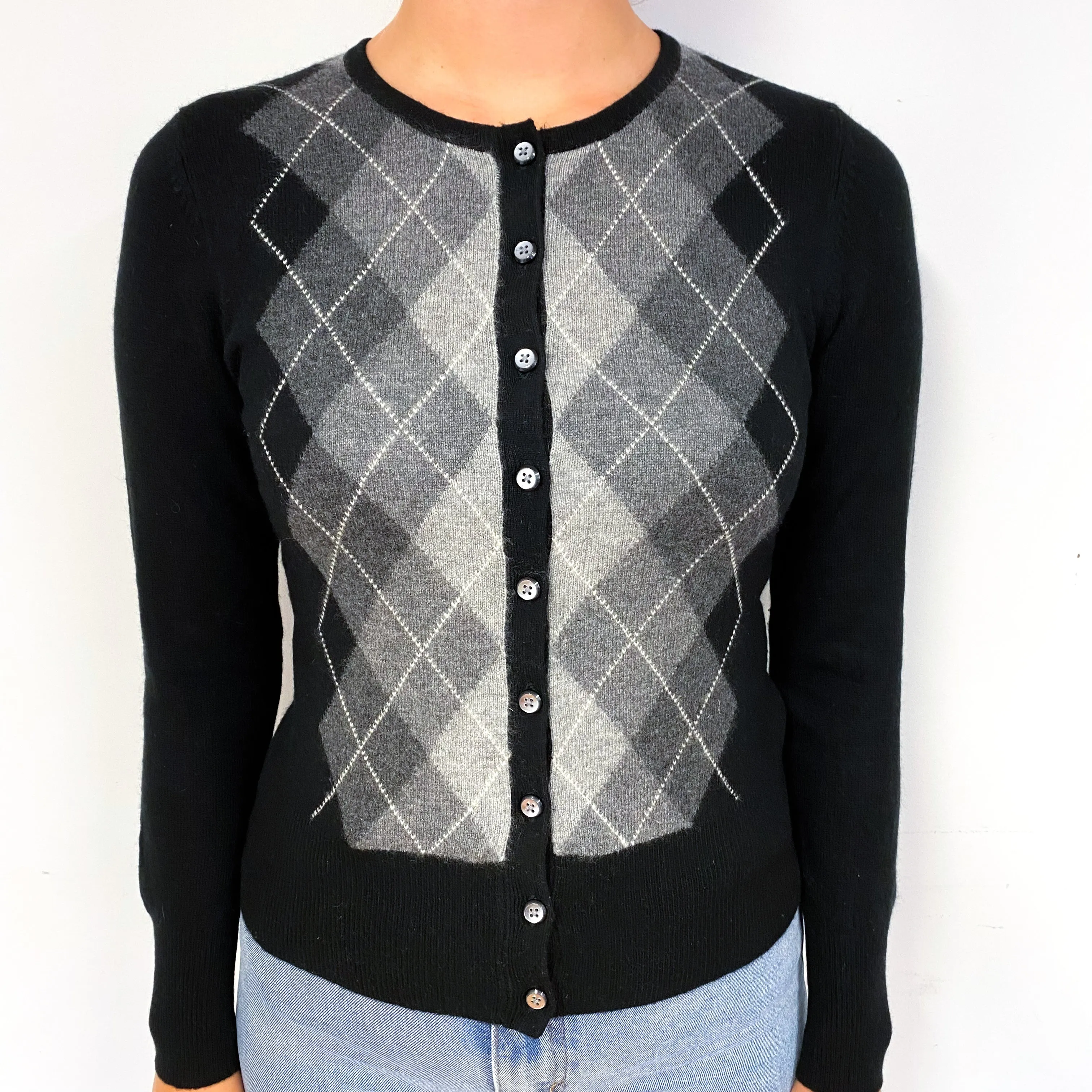 Black Grey Argyle Cashmere Cardigan Small