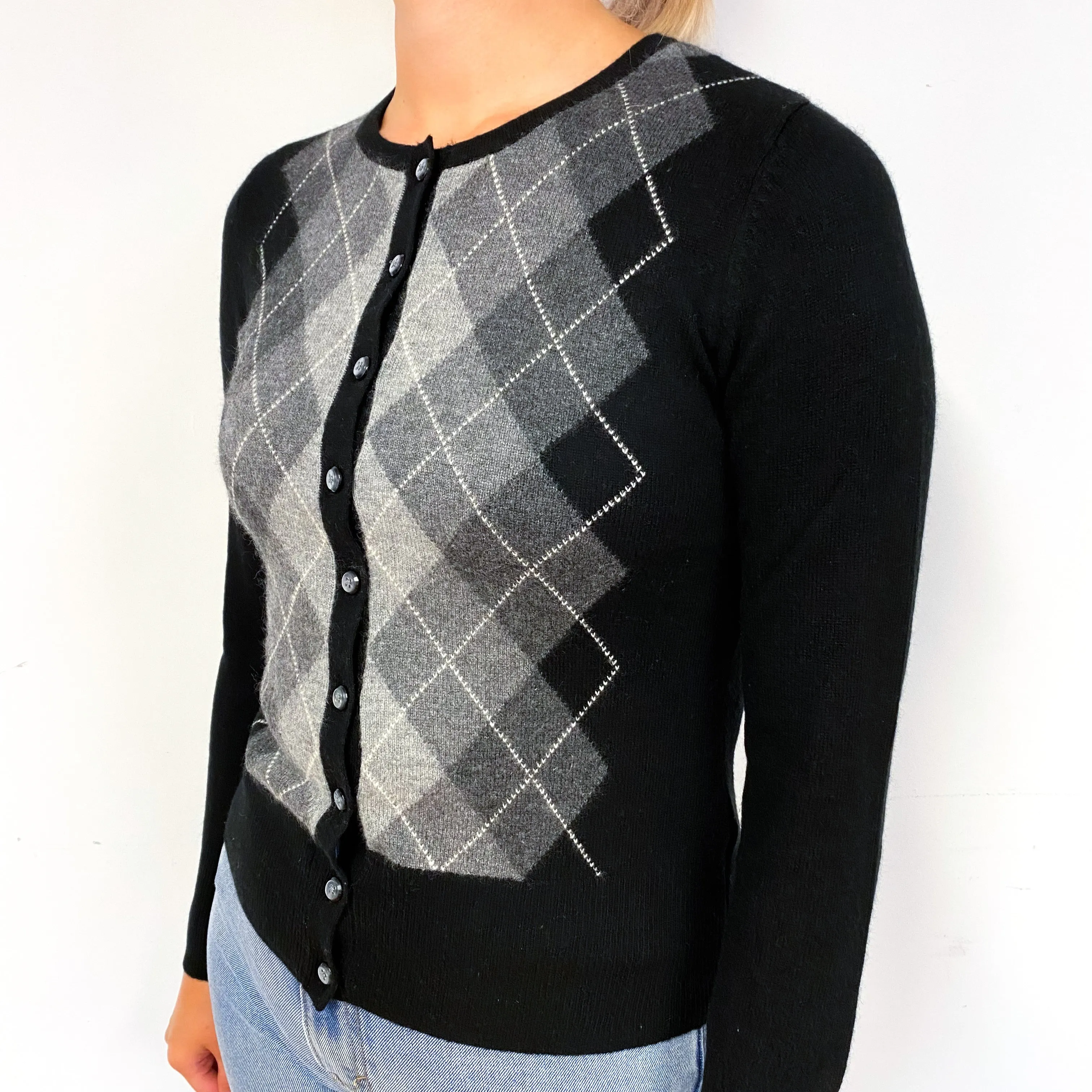 Black Grey Argyle Cashmere Cardigan Small