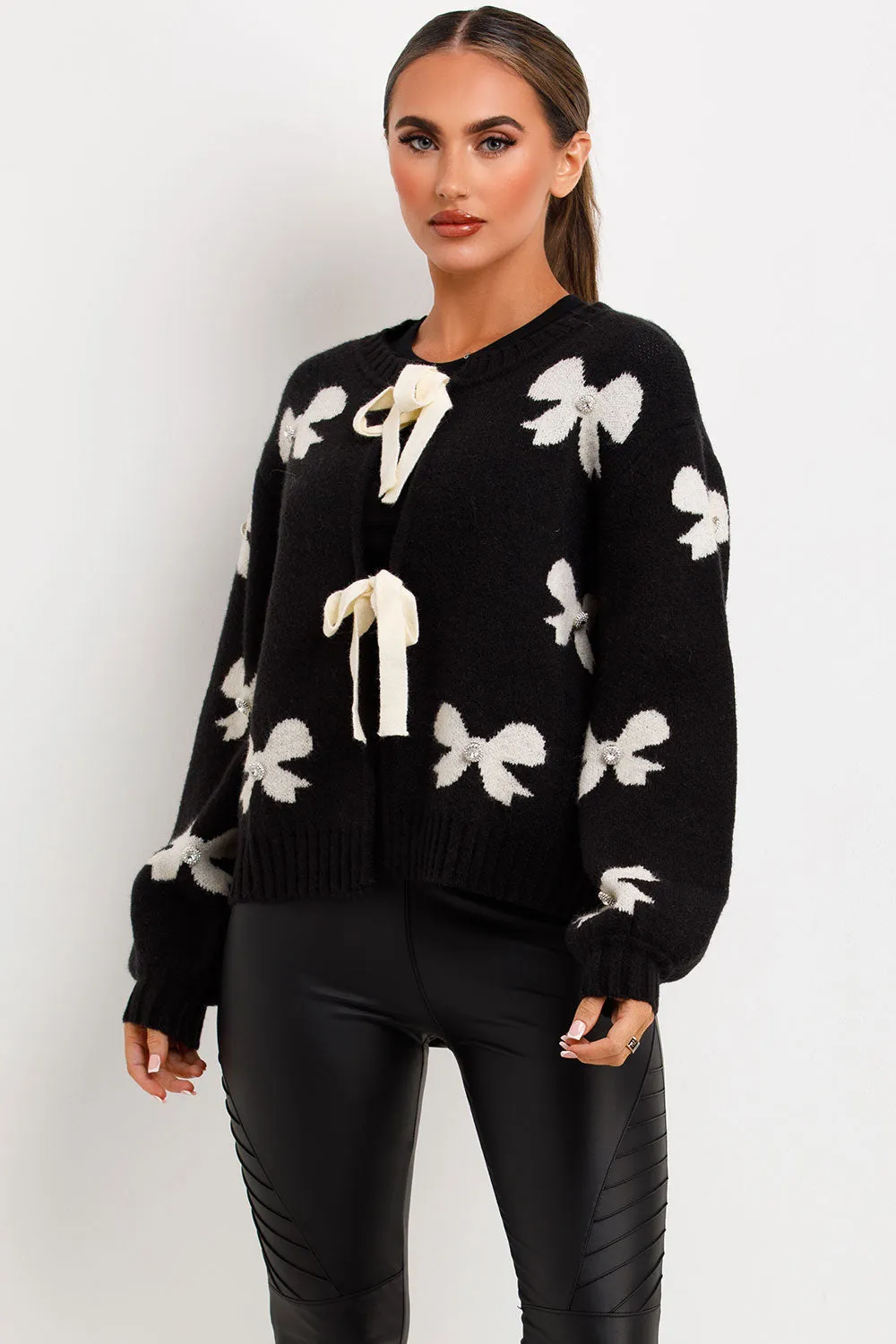 Black Knitted Jumper With Bows And Diamanties