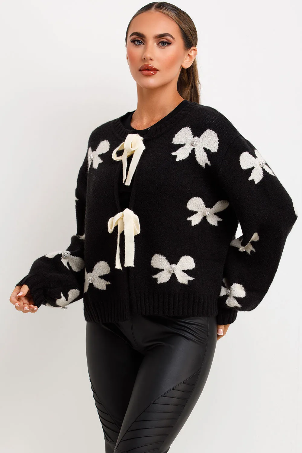 Black Knitted Jumper With Bows And Diamanties