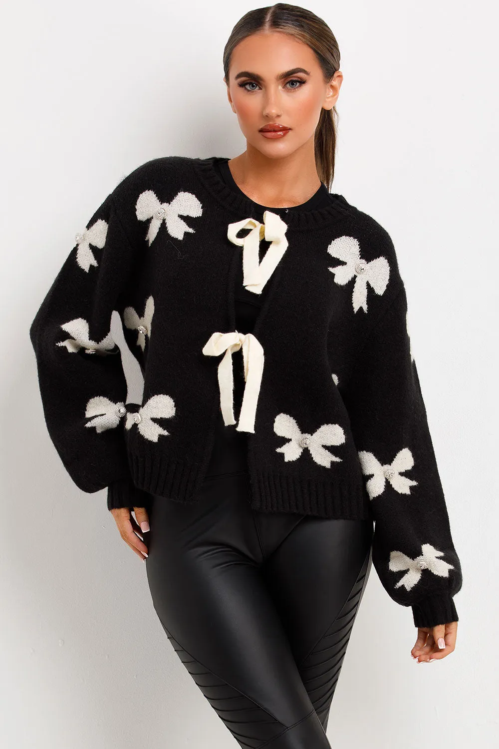 Black Knitted Jumper With Bows And Diamanties