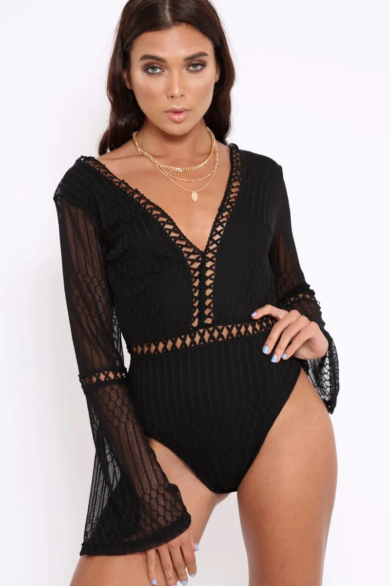 Black Lace and Crochet Plunge Front Bodysuit -Tamila