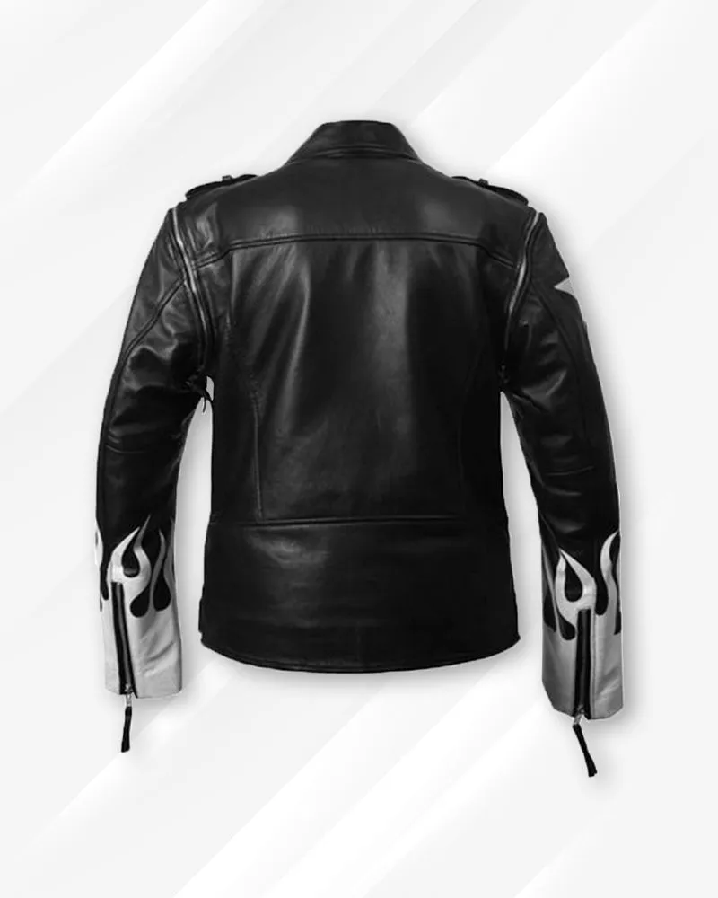 Black Leather Jacket with White Flames