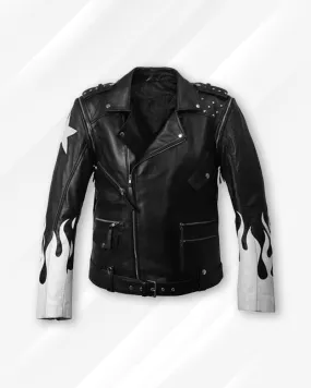 Black Leather Jacket with White Flames