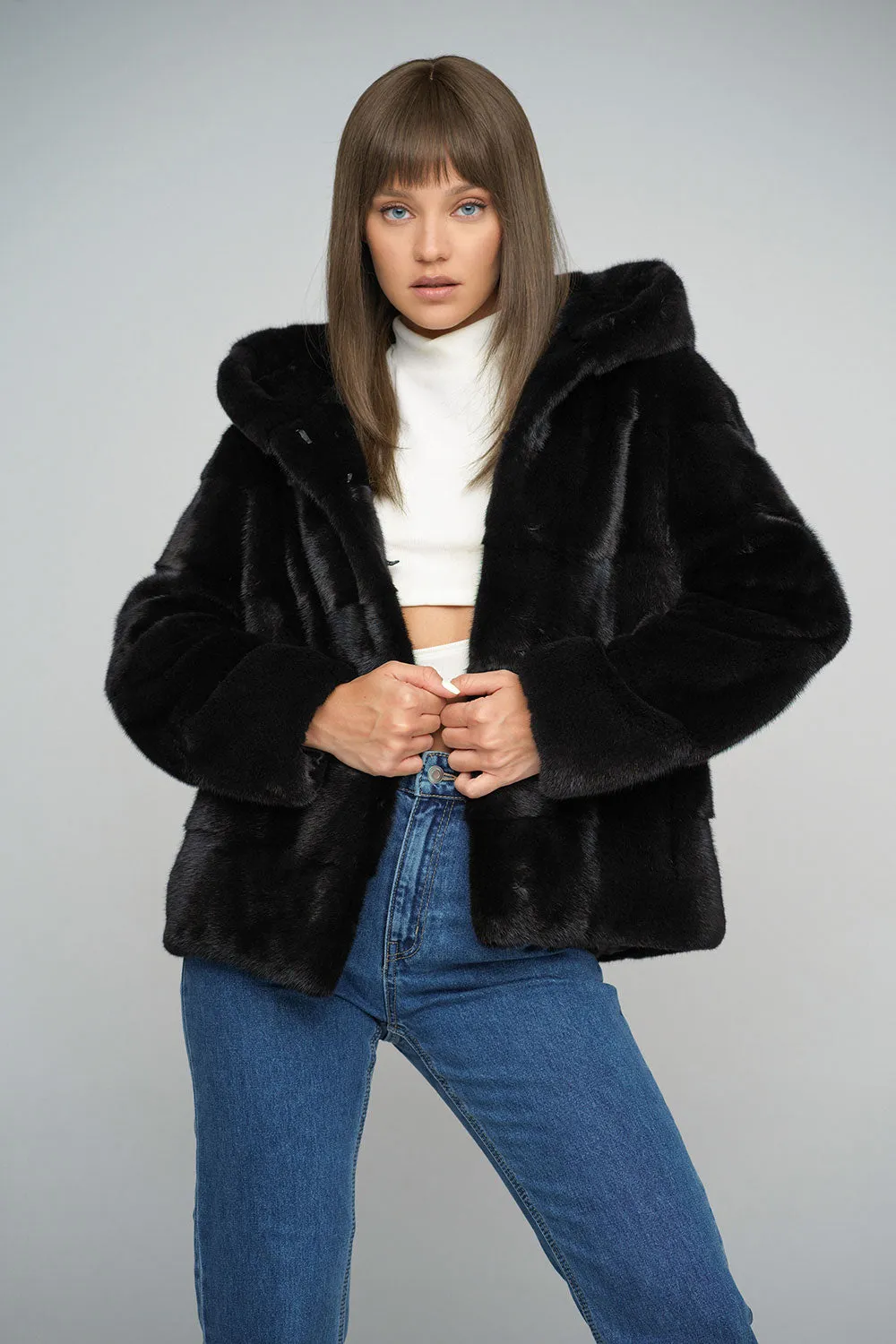 Black Luxury Genuine Mink Fur Hooded Jacket