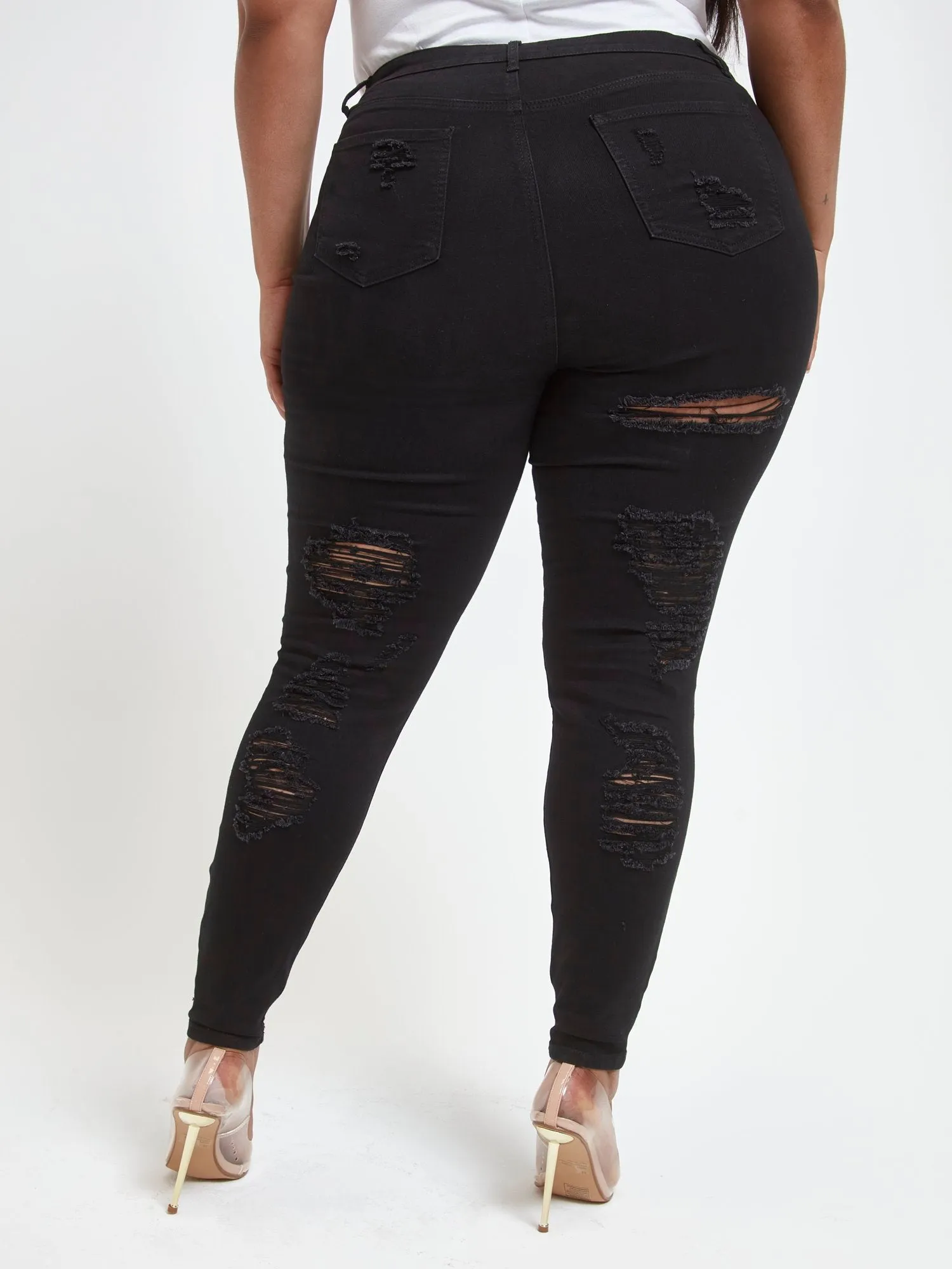 Black Mid-Rise All Over Destructed Skinny Jeans - Short Inseam