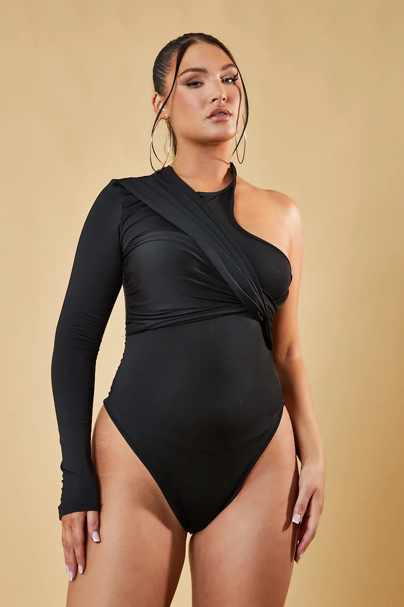 Black One Sleeve Twist Front Bodysuit - Wren