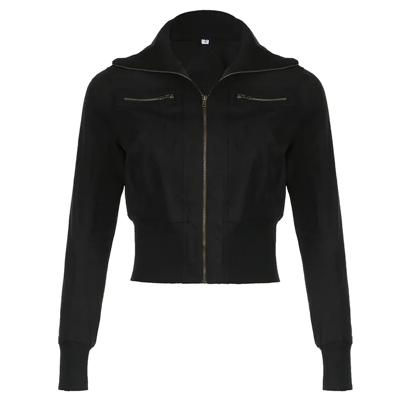 Black Zipper Turn-Down Collar Coat