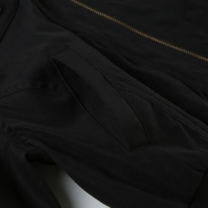 Black Zipper Turn-Down Collar Coat