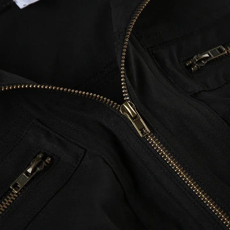 Black Zipper Turn-Down Collar Coat