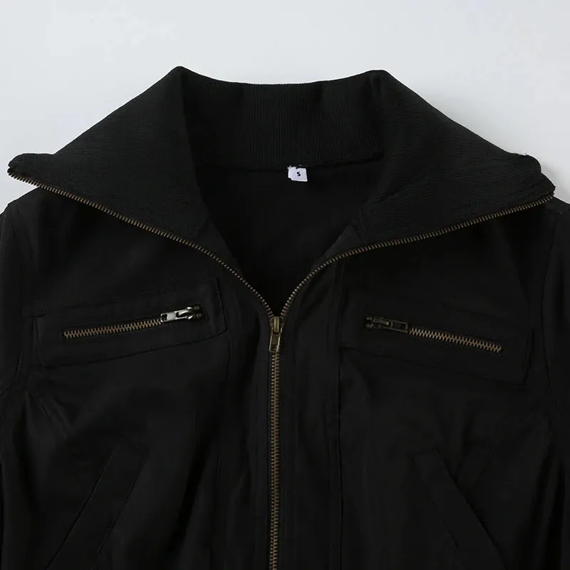 Black Zipper Turn-Down Collar Coat