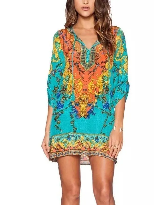 Bohemia 3/4 Sleeve Deep V Neck Mini Dress