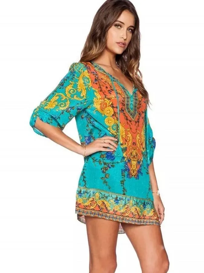 Bohemia 3/4 Sleeve Deep V Neck Mini Dress