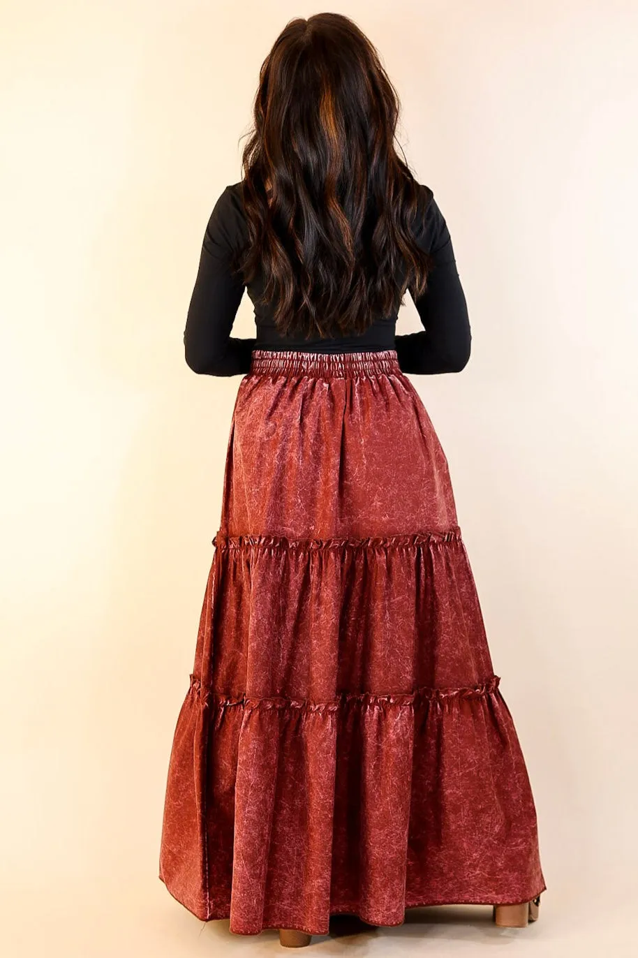 Boho Bliss Acid Wash Tiered Ruffle Maxi Skirt in Dark Rusted Red