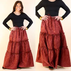 Boho Bliss Acid Wash Tiered Ruffle Maxi Skirt in Dark Rusted Red