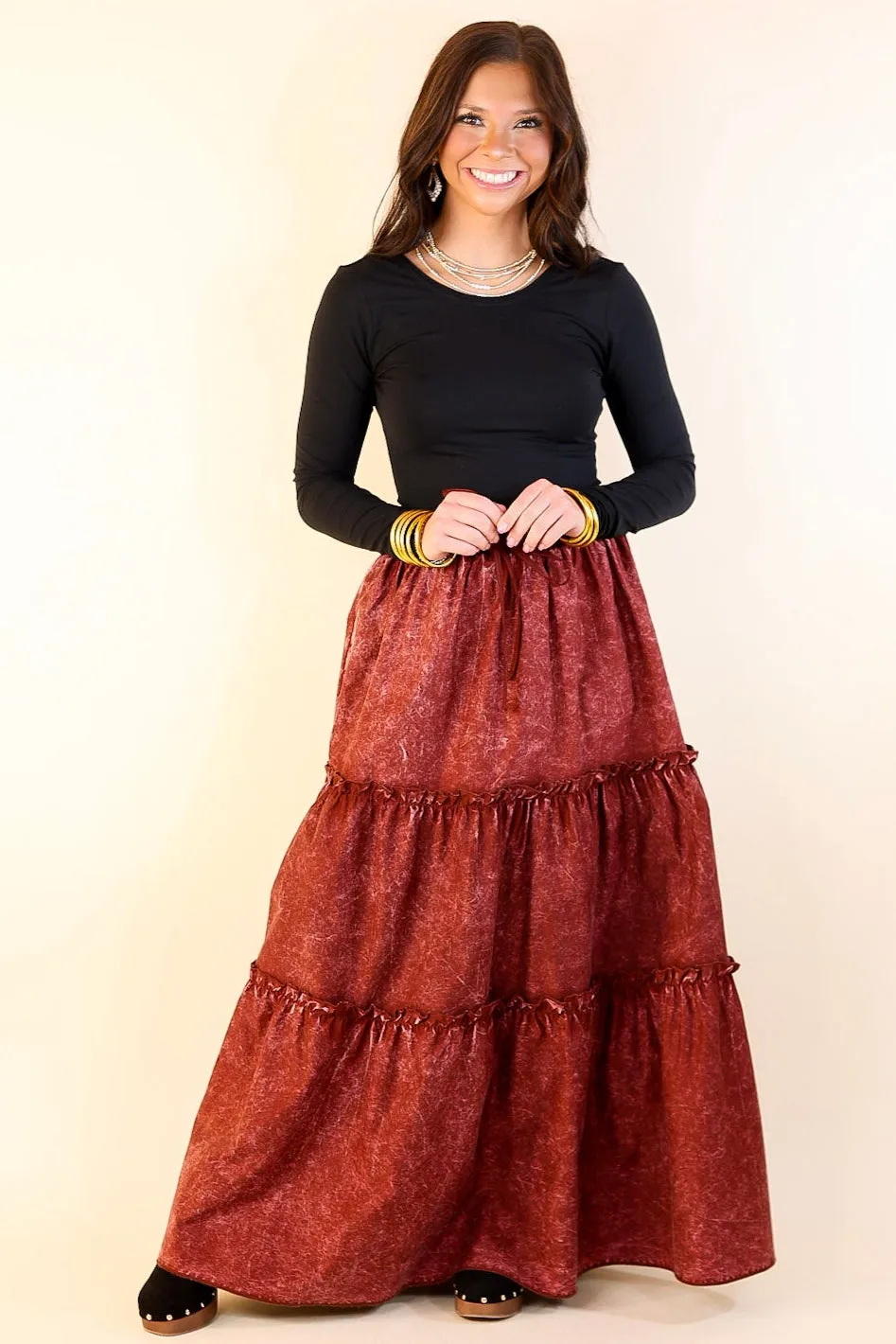 Boho Bliss Acid Wash Tiered Ruffle Maxi Skirt in Dark Rusted Red