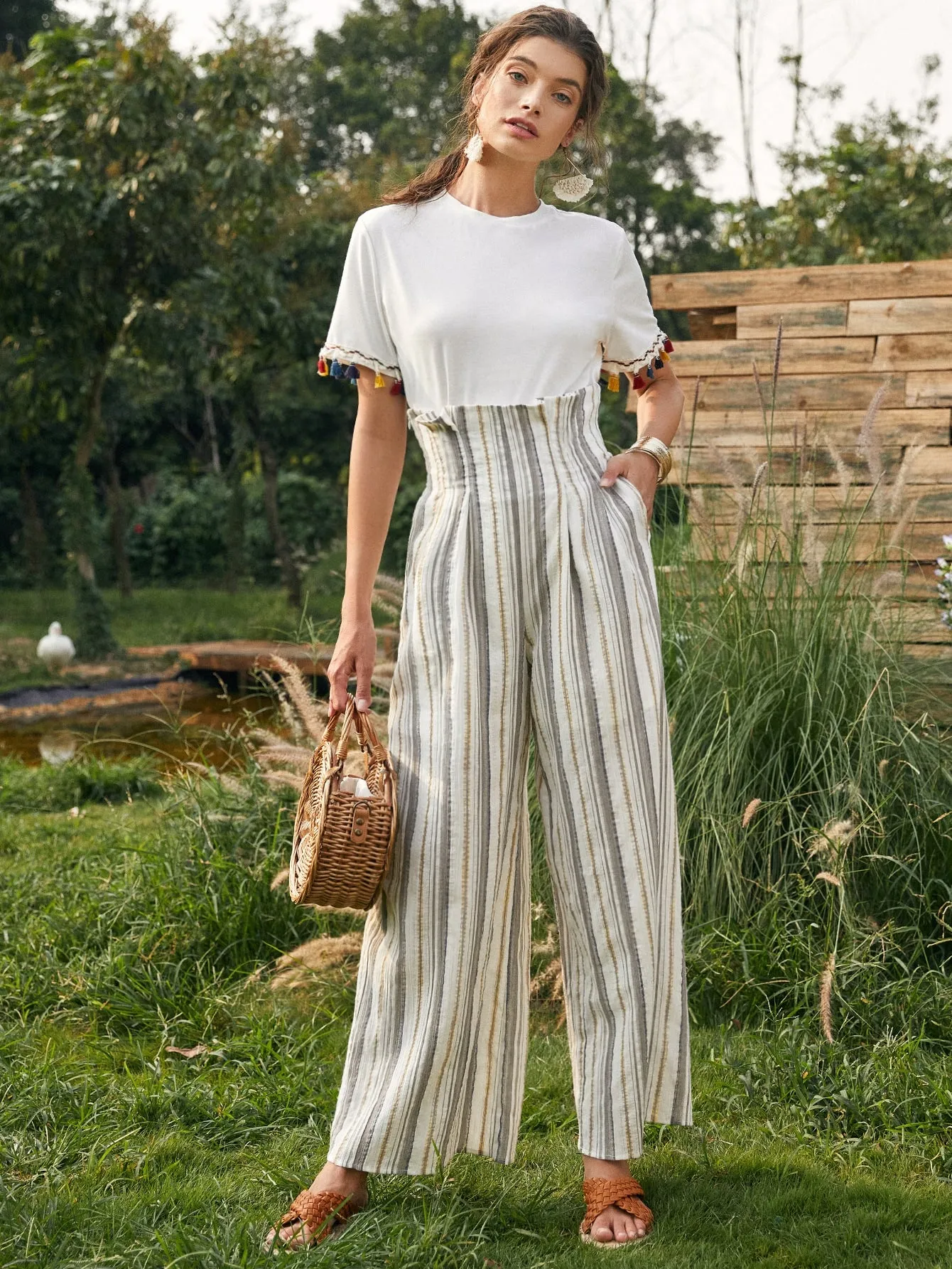 Boho Striped Paper Bag Waist High Waist Long Women Pants