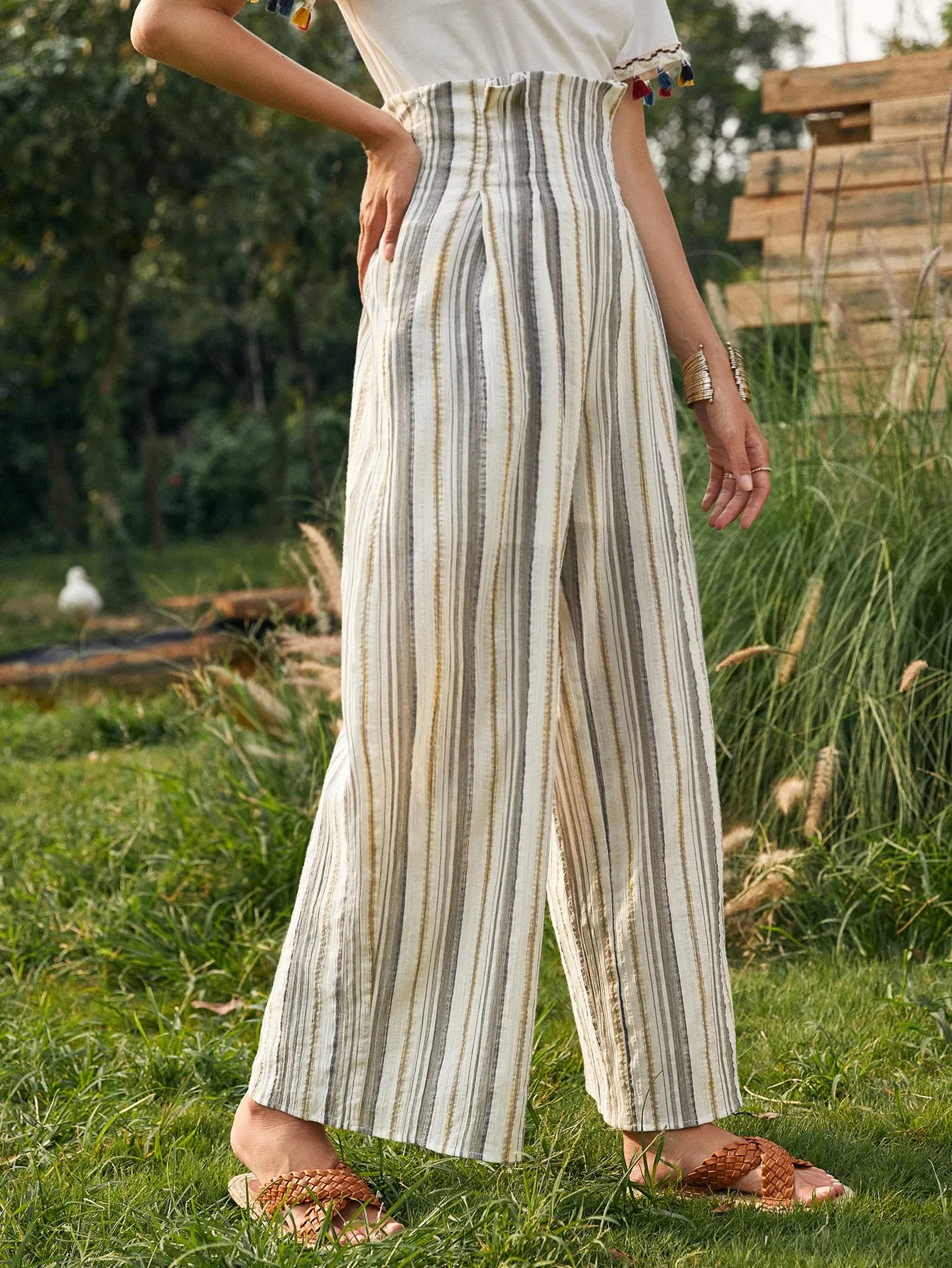 Boho Striped Paper Bag Waist High Waist Long Women Pants