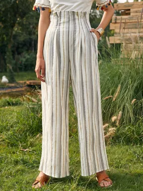 Boho Striped Paper Bag Waist High Waist Long Women Pants