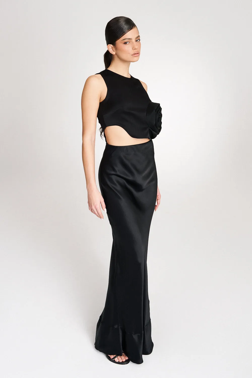 'Brea' Silk-Satin Black Maxi Skirt