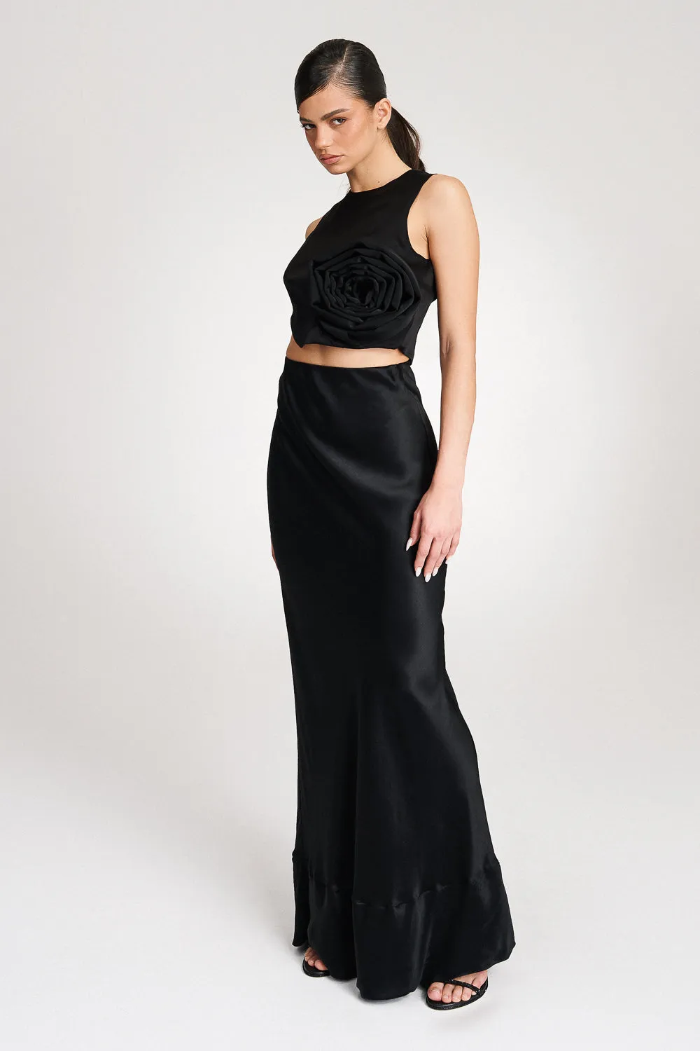 'Brea' Silk-Satin Black Maxi Skirt