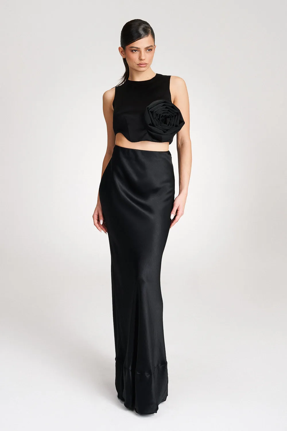 'Brea' Silk-Satin Black Maxi Skirt