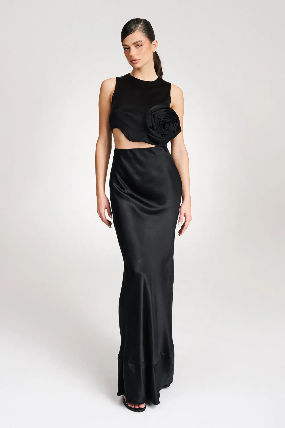 'Brea' Silk-Satin Black Maxi Skirt