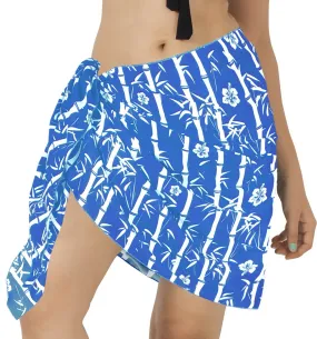 Bright Blue Non-Sheer Bamboo and Hibiscus Flower Print Half Beach Wrap For Women