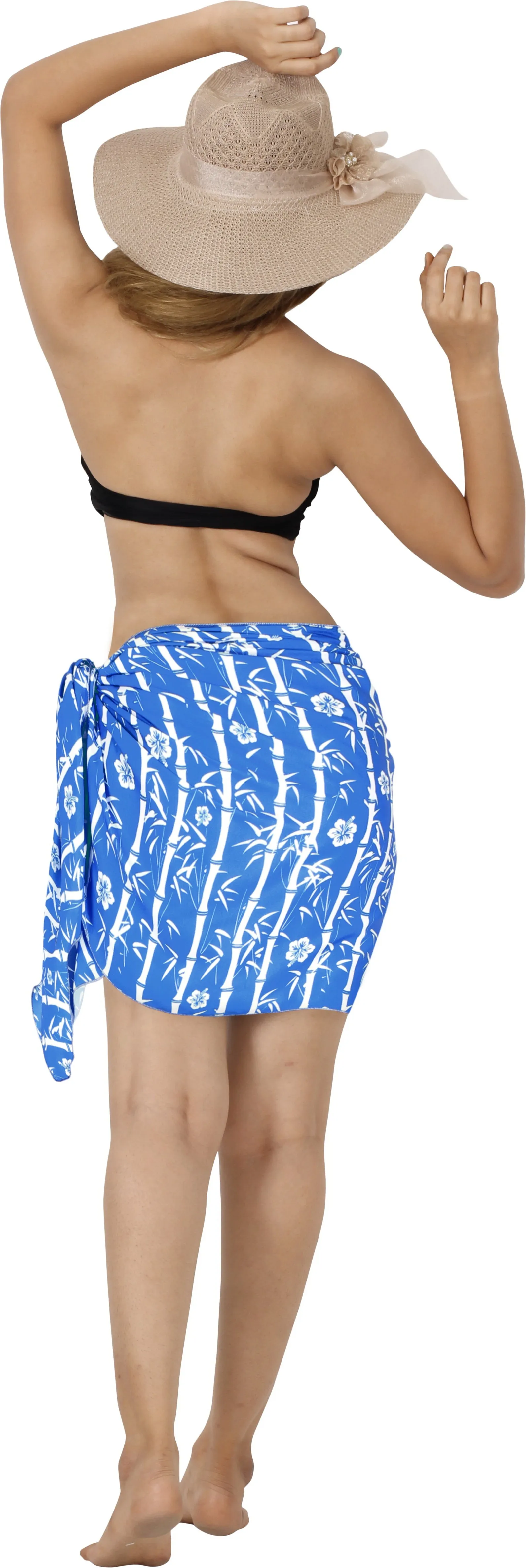 Bright Blue Non-Sheer Bamboo and Hibiscus Flower Print Half Beach Wrap For Women