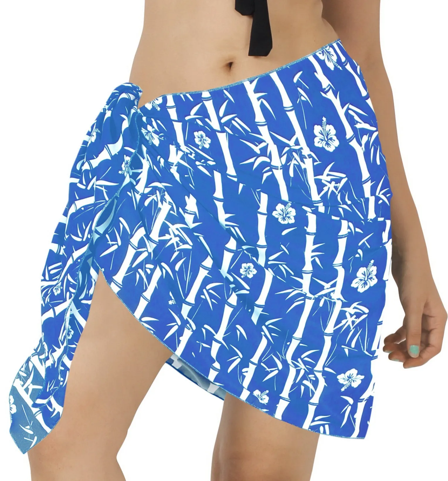 Bright Blue Non-Sheer Bamboo and Hibiscus Flower Print Half Beach Wrap For Women