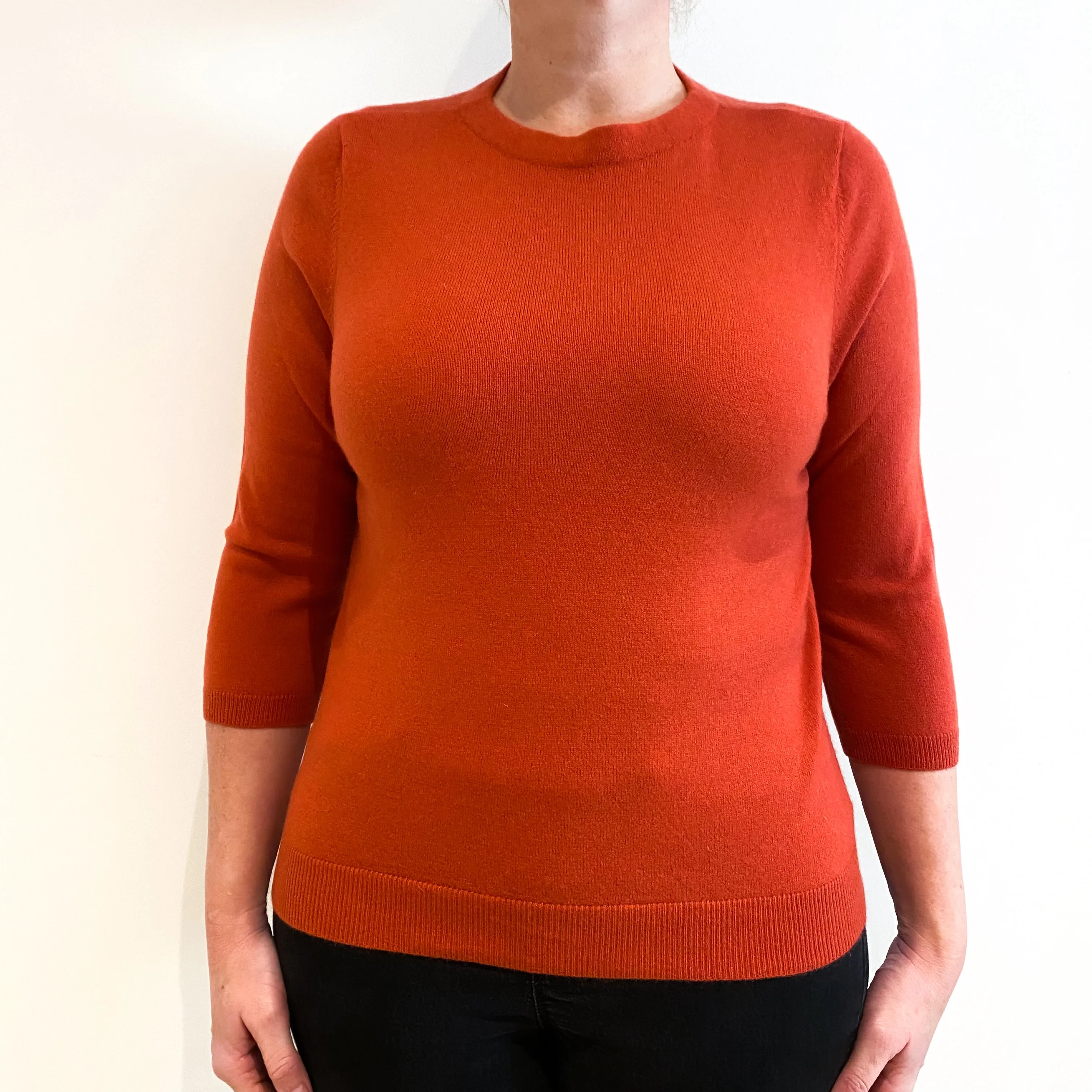 Burnt Orange 3/4 Sleeve Cashmere Crew Neck Jumper Large