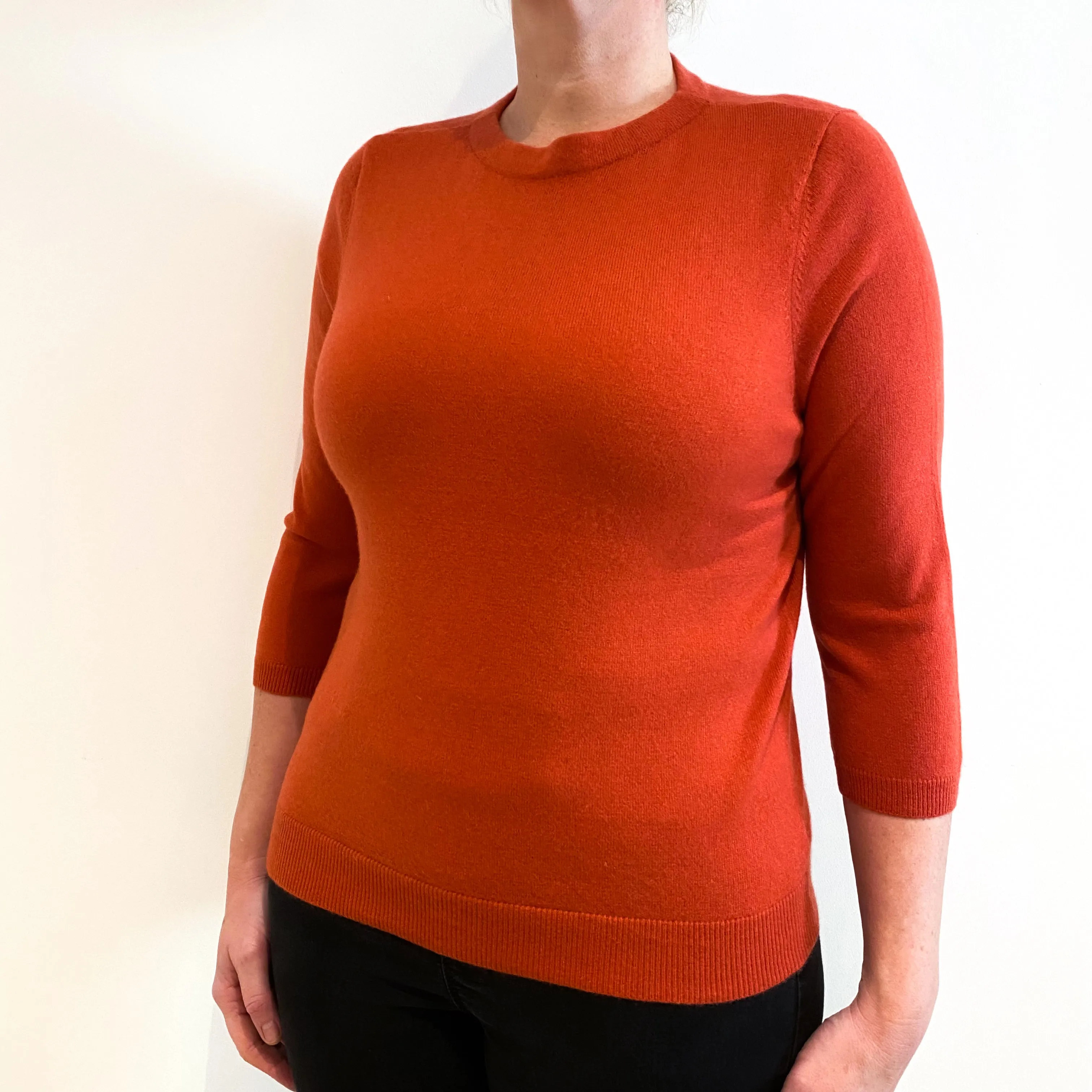 Burnt Orange 3/4 Sleeve Cashmere Crew Neck Jumper Large